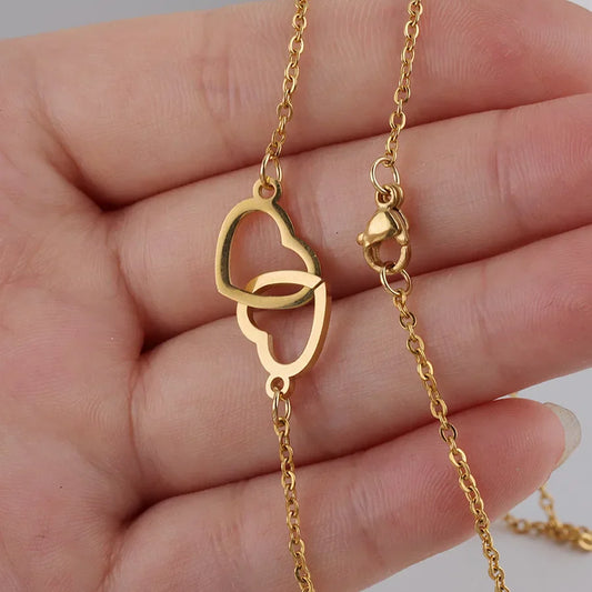 Custom Text Double Love Heart Eternal Necklace – With Luxury Bear & Rose Gift Box for Women
