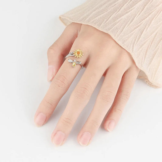 VENTFILLE 925 Sterling Silver Sunflower Zircon Rotatable Ring – Stress Relief Jewelry Gift for Women