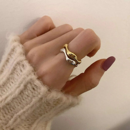 VENTFILLE 925 Sterling Silver Wave Ring – Irregular Golden Stackable Adjustable Ring for Women