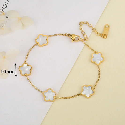 Stainless Steel Plum Blossom Bracelet – Gold Plated Five-Leaf Flower Jewelry for Women