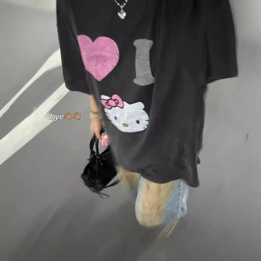Hello Kitty Cartoon T-Shirt – Cute Loose-Fit Round Neck Casual Top for Women & Girls