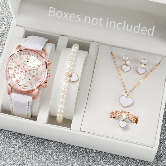 5/6PC Fashion Women's Quartz Watch & Jewelry Set