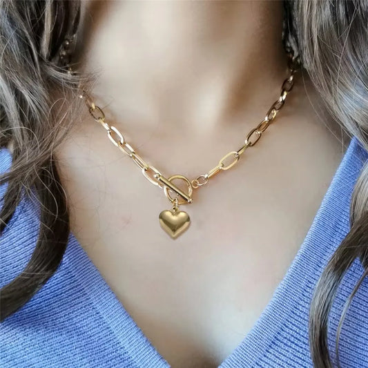 ASONSTEEL Romantic Heart Pendant Necklace – Golden Stainless Steel Choker for Women